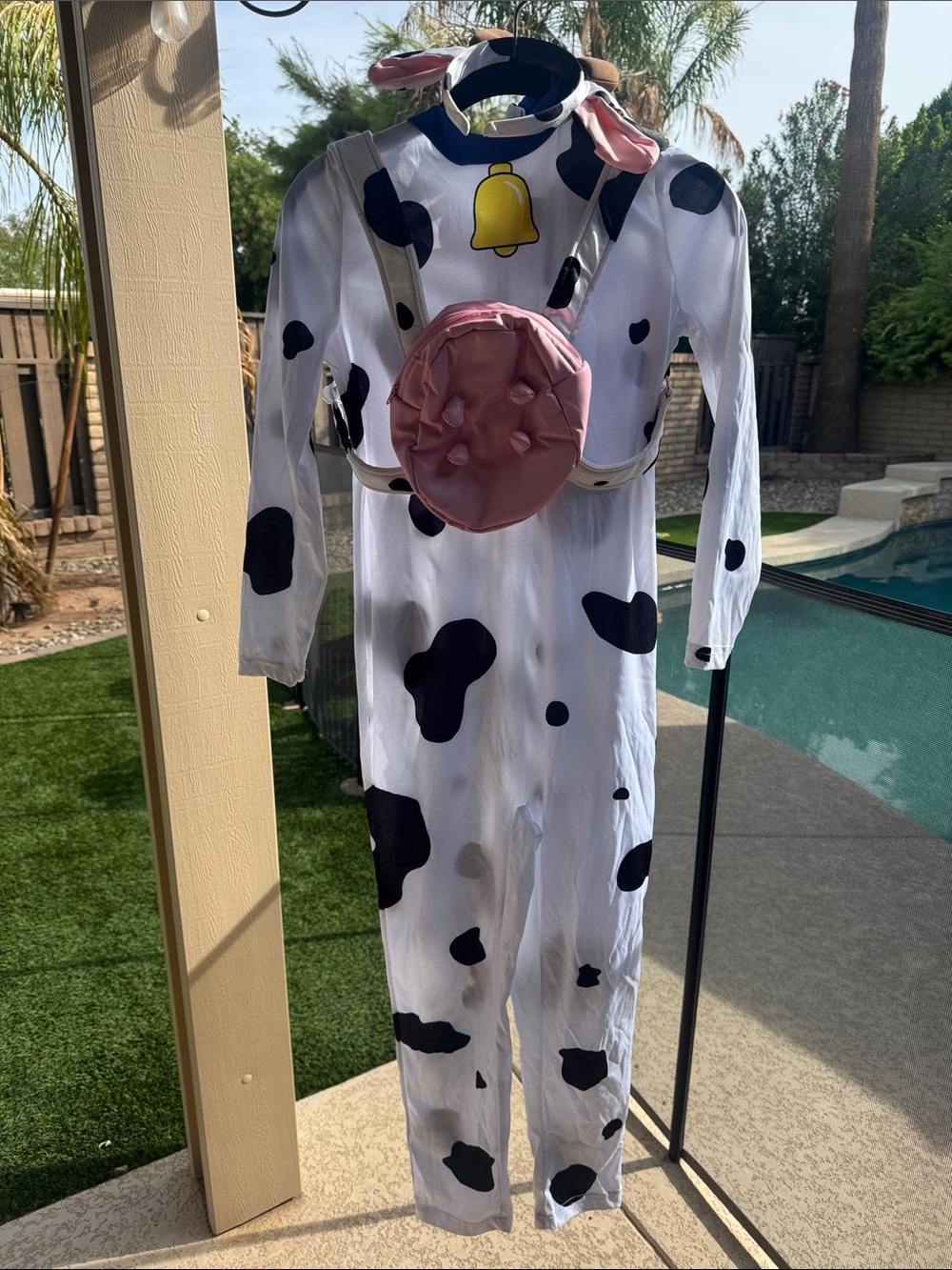 Kids Cow Print One-Piece Costume with Pink Backpack